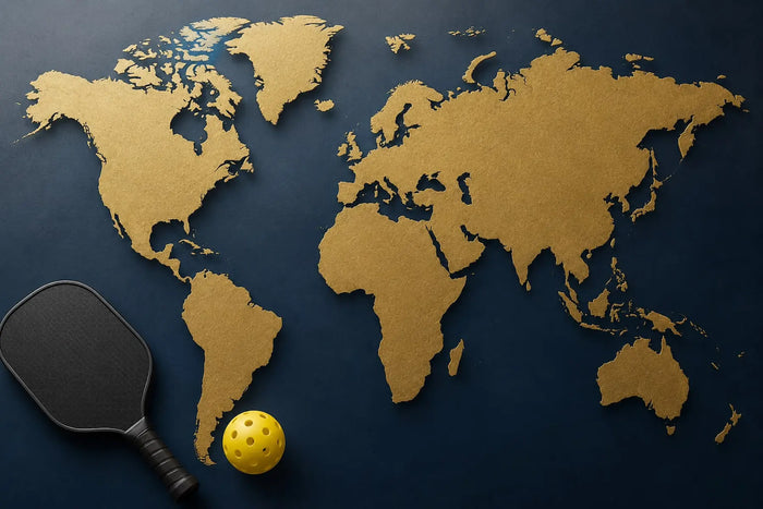 Carte du monde avec une raquette et une balle de pickleball illustrant les pays où le pickleball est le plus populaire.