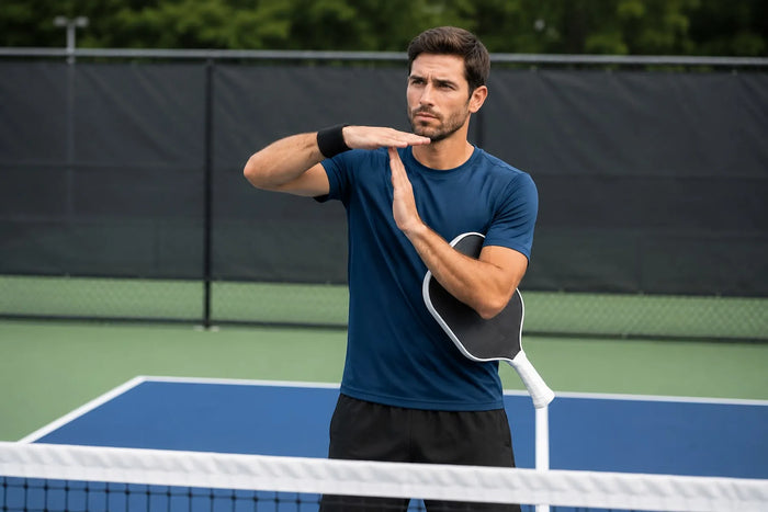Joueur de pickleball faisant le geste de temps mort avec ses mains sur un terrain de pickleball.