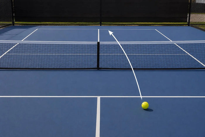 Terrain de pickleball avec une balle ayant rebondi près de la ligne de la cuisine, illustrant la possibilité d'entrer dans la zone de non-volée après le rebond.