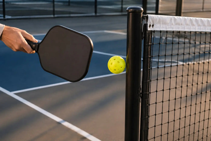 Balle de pickleball contournant le poteau du filet sur un terrain de pickleball lors d’un coup autour du poteau.