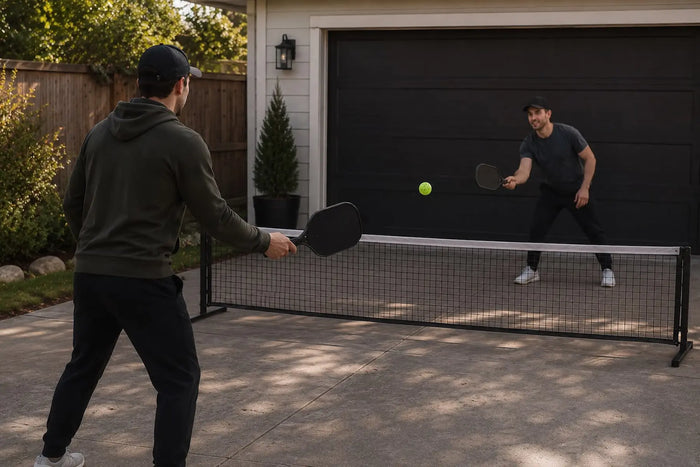 Deux hommes jouent au pickleball sur une allée devant un garage avec un filet portable, illustrant la pratique du pickleball à la maison.
