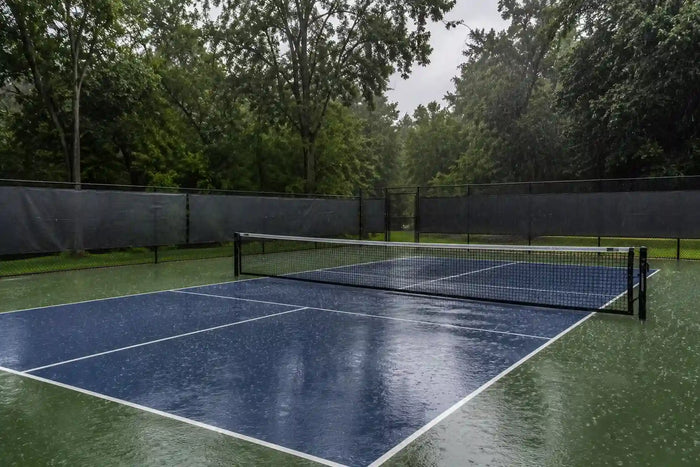 Terrain de pickleball extérieur sous une pluie battante, avec un revêtement mouillé, un filet réglementaire et un décor naturel en arrière-plan.