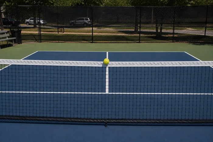 Balle de pickleball touchant le haut du filet sur un terrain de pickleball extérieur réaliste.