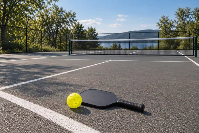 Raquette et balle de pickleball sur un terrain en asphalte