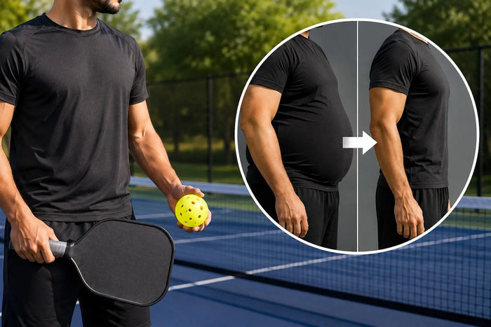 Homme jouant au pickleball sur un terrain extérieur avec illustration de perte de graisse abdominale.