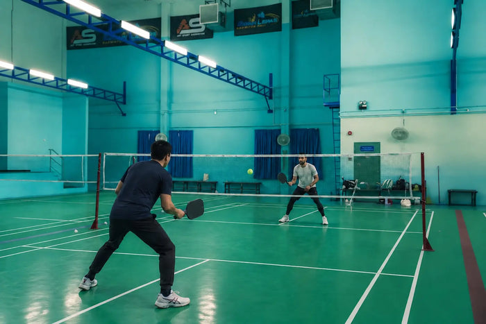 Deux hommes jouent au pickleball sur un terrain de badminton en salle.