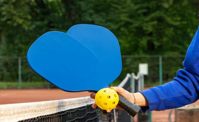 Raquette pickleball et balle jaune tenus devant un filet - comparatif pickleball vs padel
