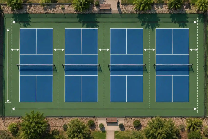 Vue aérienne de plusieurs terrains de pickleball installés côte à côte avec les espaces nécessaires entre chaque terrain.