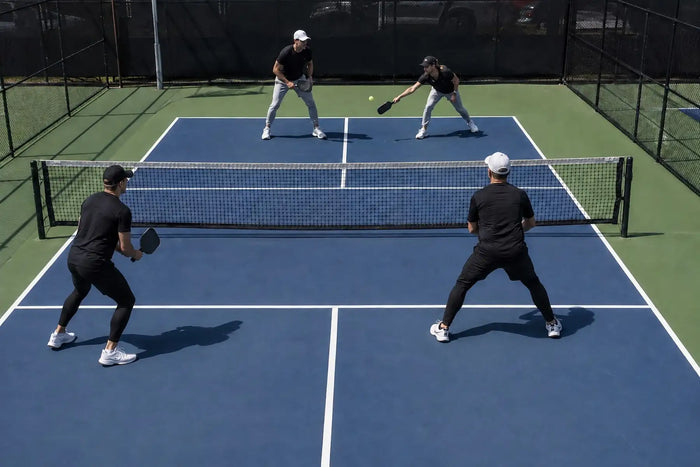Joueur réalisant un poaching au pickleball lors d’un match en double.
