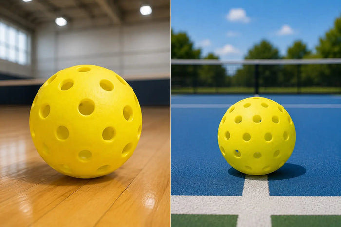 Comparaison entre une balle de pickleball intérieure aux trous plus grands et une balle de pickleball extérieure aux trous plus petits sur un terrain indoor et outdoor.