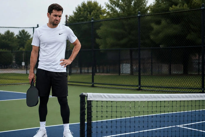 Joueur de tennis frustré regardant un terrain de pickleball extérieur avec filet plus bas.