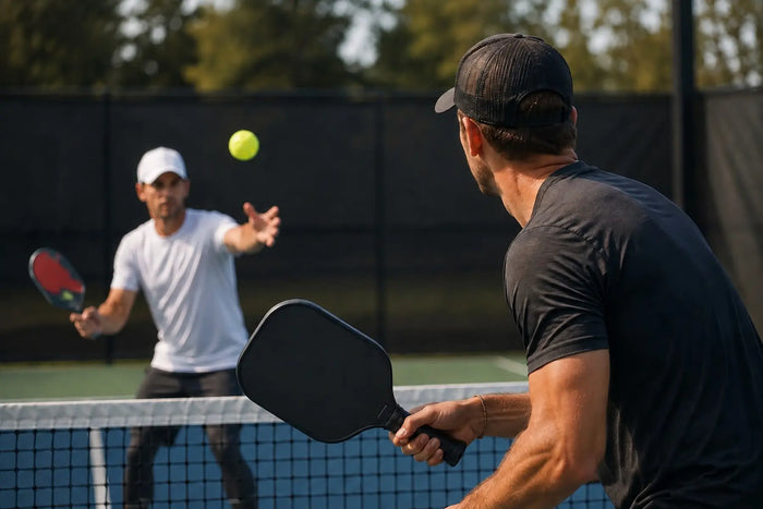 Joueurs de pickleball échangeant une balle près du filet.