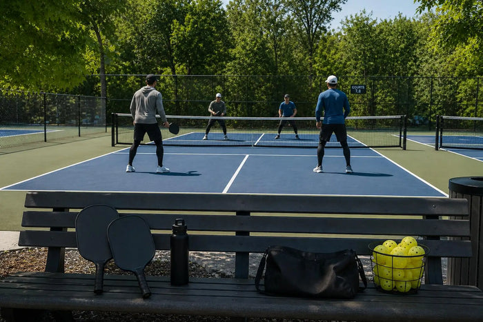 Quatre hommes jouent au pickleball sur un terrain extérieur entouré de nature avec un banc, des raquettes neutres et des balles au premier plan