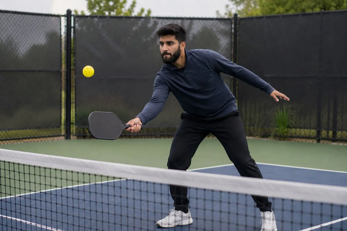 Homme jouant au pickleball avec une mauvaise posture sur un terrain extérieur, illustrant les erreurs courantes au pickleball