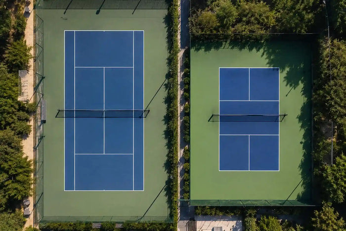 Vue aérienne d'un terrain de tennis à côté d'un terrain de pickleball illustrant la comparaison entre les deux sports pour la santé.