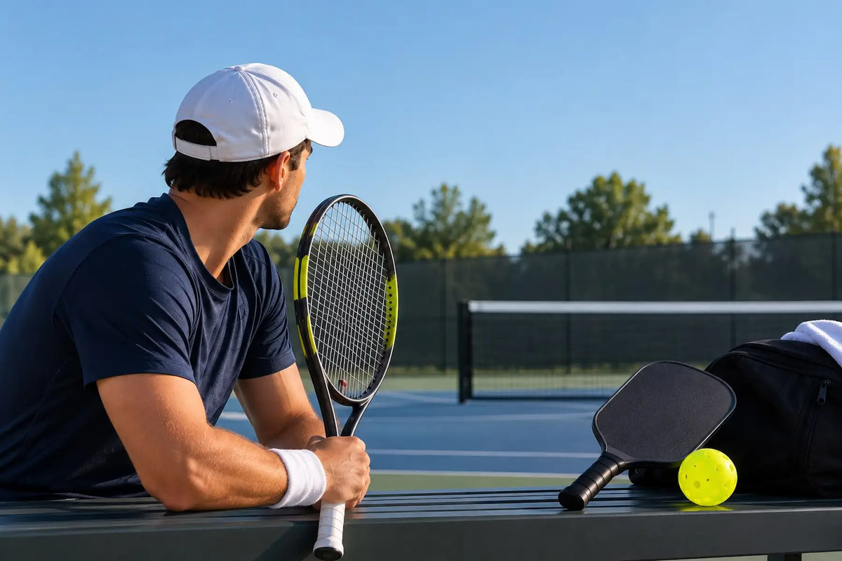 Joueur de tennis assis au bord d'un terrain, avec une raquette de tennis et une raquette de pickleball posée à côté de lui.