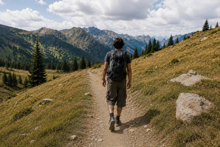 Homme en randonnée sur un sentier de montagne dans un paysage naturel alpin