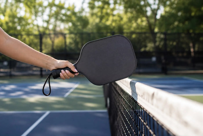 Main féminine tenant une raquette de pickleball au-dessus du filet sur un terrain de pickleball extérieur réaliste.