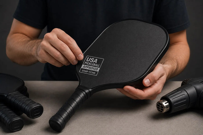 Raquette de pickleball noire avec une étiquette USA Pickleball Approved, illustrant l'homologation d'une raquette pour la compétition.