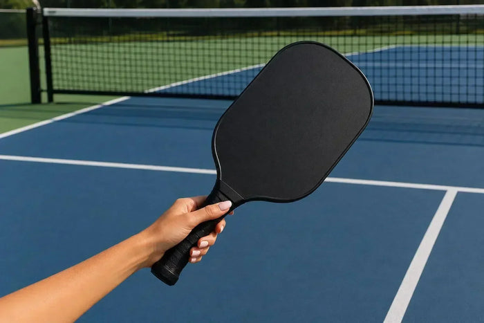 Raquette de pickleball noire sur un terrain, pour choisir entre puissance et contrôle