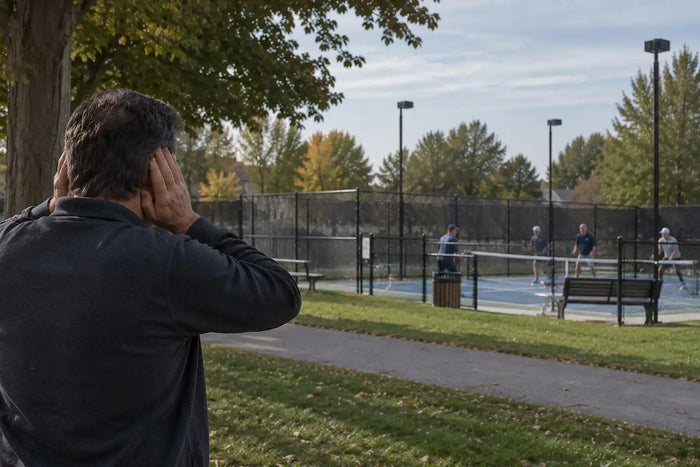 Homme se bouchant les oreilles près d’un terrain de pickleball pour illustrer les solutions contre le bruit