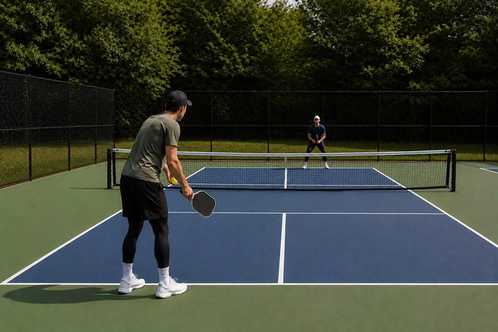 Joueur de pickleball prêt à retourner le service face à un serveur placé derrière la ligne de fond.