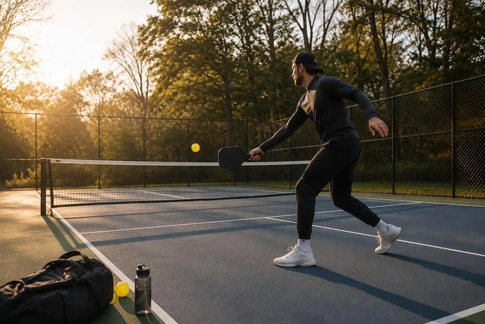 Homme s’entraînant seul au pickleball sur un terrain extérieur avec une raquette et plusieurs balles.