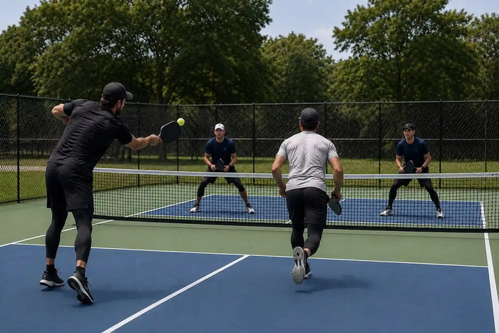 Deux joueurs de pickleball exécutant la stratégie shake and bake lors d’un match en double.