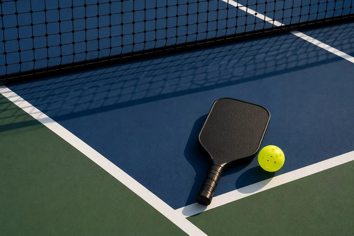Raquette noire et balle jaune sur un terrain de pickleball, illustration d’un article comparant le side-out scoring et le rally scoring.