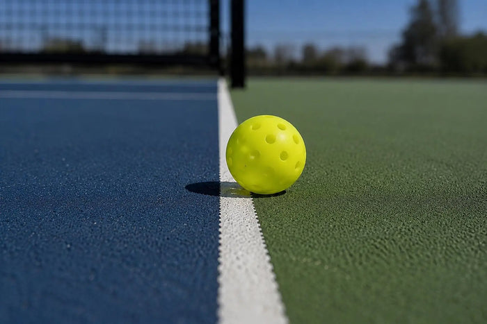 Balle de pickleball au bord de la ligne lors d'une situation litigieuse où il est difficile de déterminer si elle touche encore la ligne ou si elle est dehors.