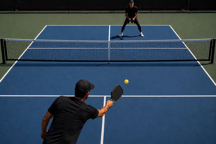 Joueur réalisant un speed up au pickleball face à un adversaire sur le terrain.