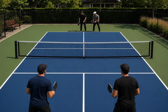 Deux joueurs de pickleball positionnés côte à côte en stacking avant le service lors d’un match en double.