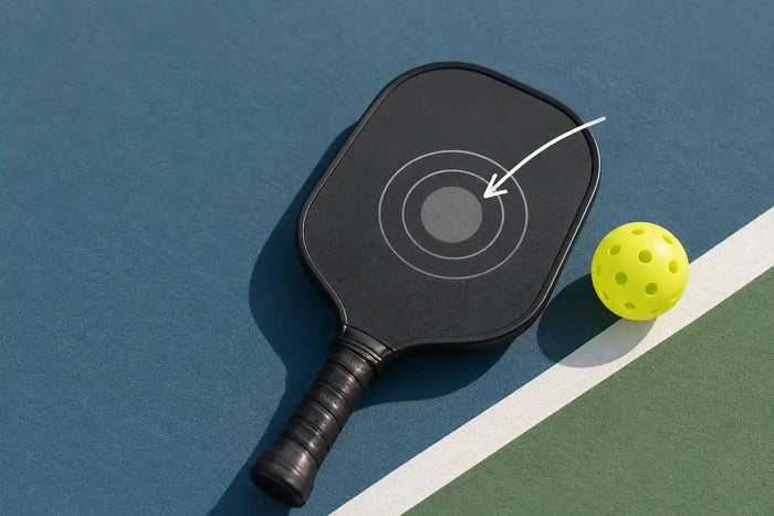 Sweet spot au centre d’une raquette de pickleball indiqué par une flèche
