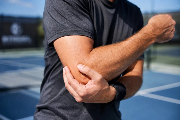 Joueur de pickleball tenant son coude douloureux sur un terrain extérieur, illustrant une épicondylite latérale (tennis elbow).