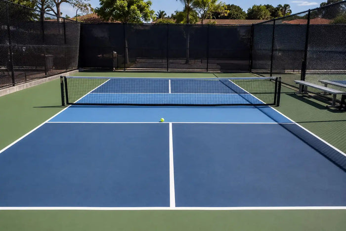 Terrain de pickleball extérieur réaliste avec une balle jaune reposant sur la ligne de la cuisine (non-volley zone).