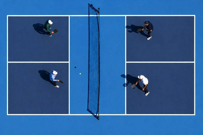 Vue aérienne nette d’un terrain de pickleball bleu avec quatre joueurs en double autour du filet central.