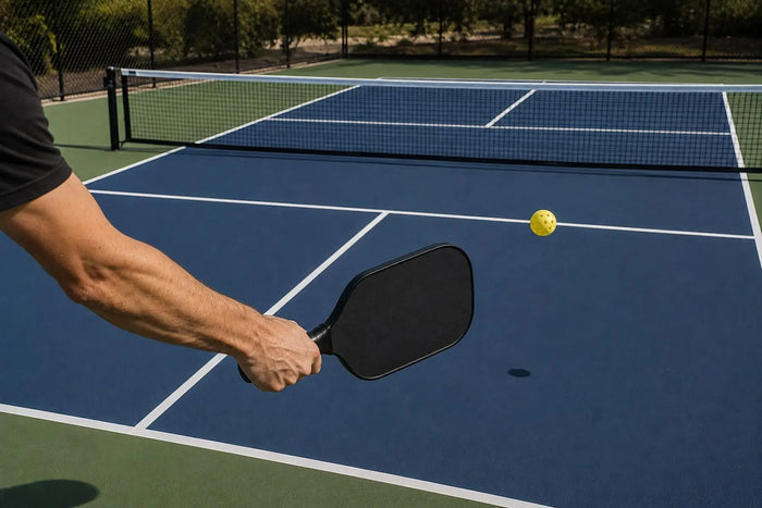 Joueur réalisant un troisième coup drive puissant au pickleball avec une raquette noire