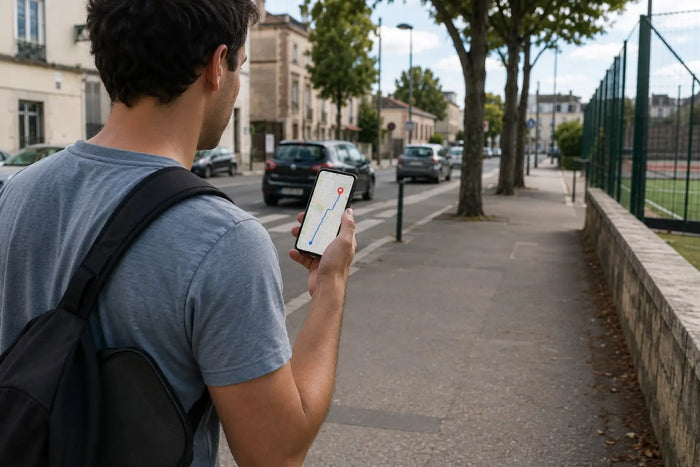 Homme consultant un itinéraire sur son téléphone pour trouver un terrain de pickleball près de chez lui en France.