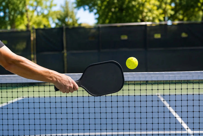Volée bloquée au pickleball avec une raquette noire interceptant la balle près du filet