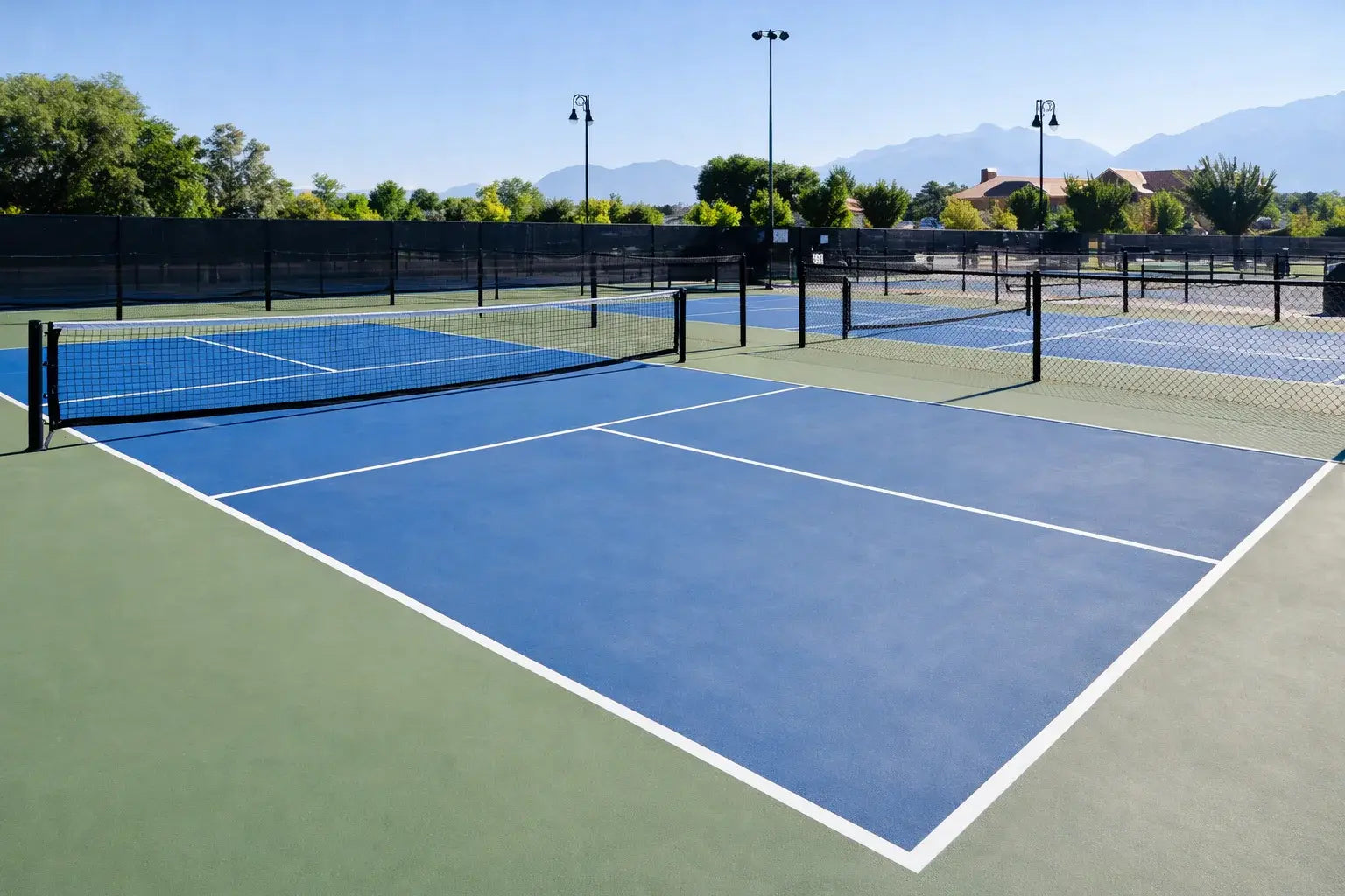 Terrain de pickleball bleu avec filets portables en extérieur.