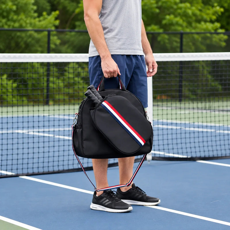 Joueur portant un sac de pickleball noir à bandes tricolores sur un terrain de pickleball, près du filet.