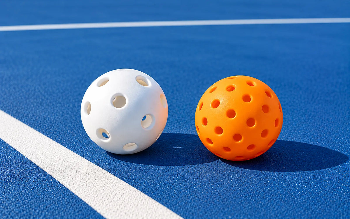 Balles de pickleball indoor blanche et outdoor orange, avec des perforations différentes, posées sur un terrain bleu.