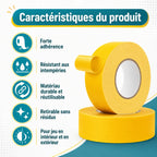 Infographie bande de marquage pickleball : forte adhérence, résistante aux intempéries, retirable sans résidus