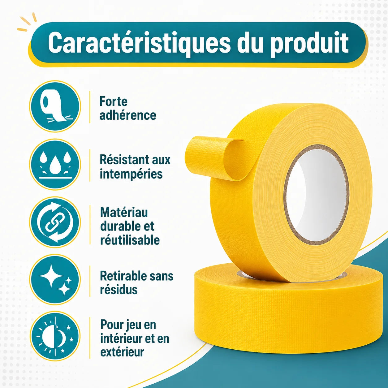 Infographie bande de marquage pickleball : forte adhérence, résistante aux intempéries, retirable sans résidus