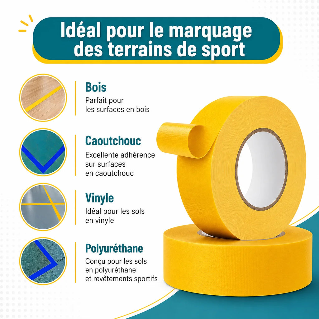 Infographie compatibilité bande de marquage terrain de sport : bois, caoutchouc, vinyle et polyuréthane