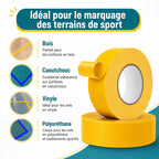 Infographie compatibilité bande de marquage terrain de sport : bois, caoutchouc, vinyle et polyuréthane