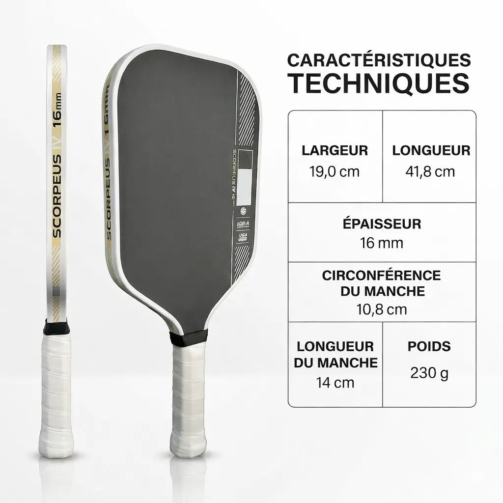 Tableau des caractéristiques techniques : poids 230g, épaisseur 1,6cm, longueur 41,8cm de la raquette pickleball carbone.
