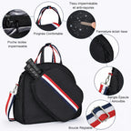 Infographie détaillée du sac de pickleball tricolore : tissu imperméable et anti-rayures, poche isolée, fermeture éclair fluide, poignée confortable et sangle amovible.