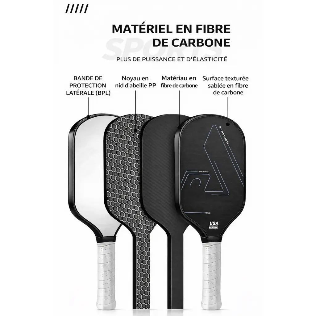 Infographie montrant la structure de la raquette de pickleball : noyau en nid d'abeille PP, surface texturée en fibre de carbone et bande de protection latérale.