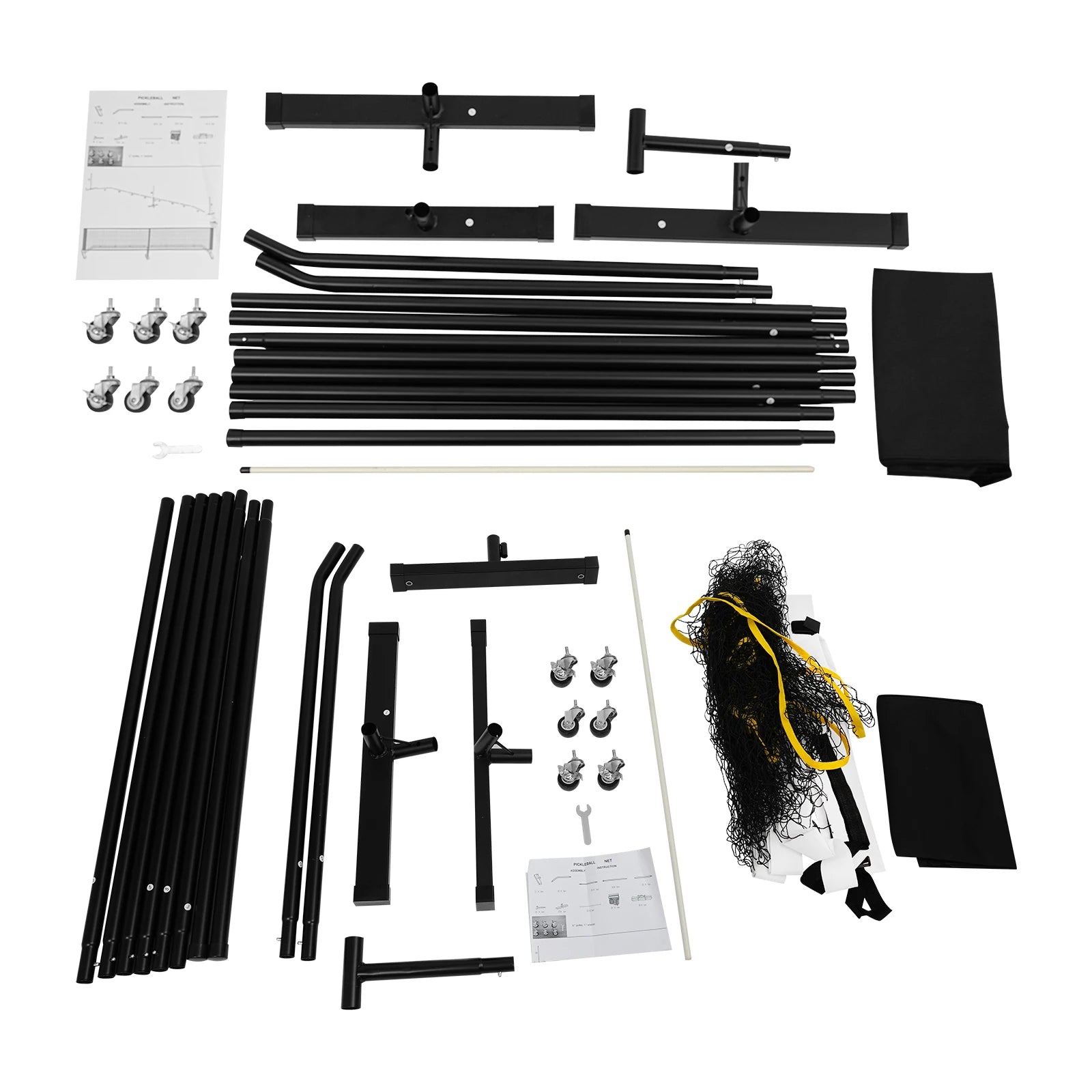 Vue éclatée des composants du filet de pickleball mobile : tubes en fer, filet, 6 roues universelles, freins, sac de transport et notice de montage.